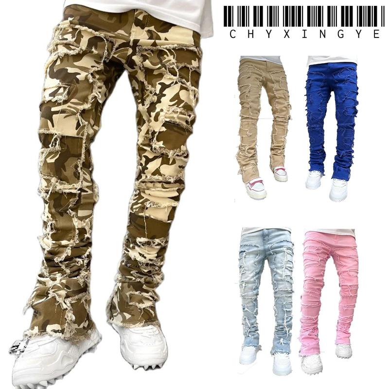 Men's Regular Fit Stacked Jeans Ripped Slim Fit Patch Distressed Destroyed Straight Denim Pants Hip Hop Streetwear Trouser Cloth