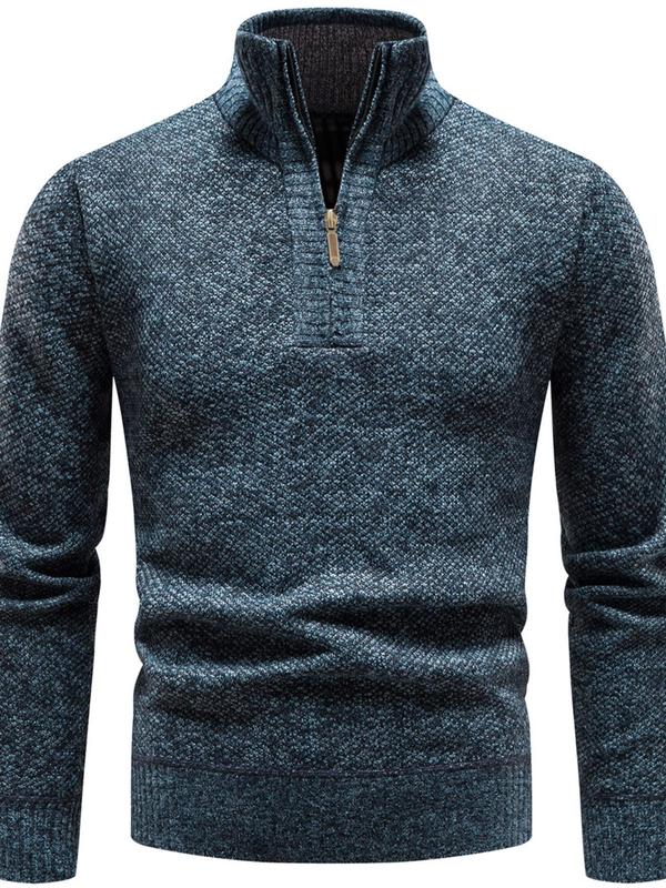 Men's Solid Zip Up Stand Collar Sweater, Casual Regular Fit Long Sleeve Jumper for Fall & Winter, Fashion Men's Knitwear for Daily Wear