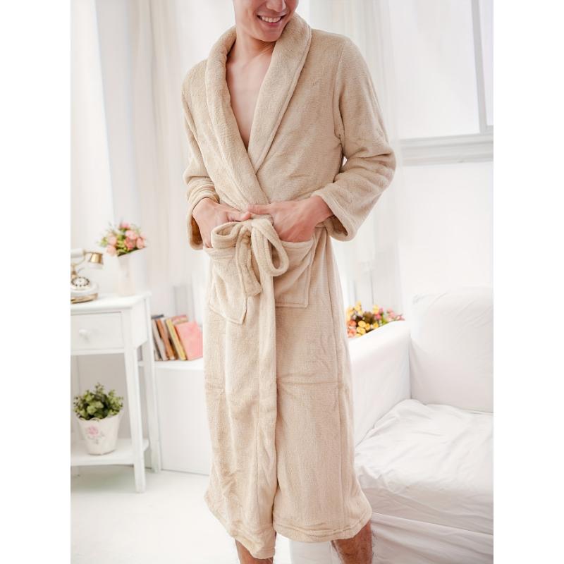 Men's Comfy Solid Fleece Robe Home Pajamas Wear With Pocket One-piece Lace Up Kimono Night-robe Warm Sets After Bath