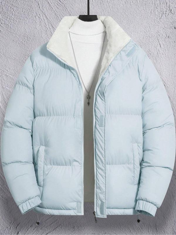 Men's Solid Pocket Zip Up Hooded Winter Coat, Regular Fit Casual Long Sleeve Thermal Lined Outerwear for Fall & Winter, Men's Clothes for Daily Wear