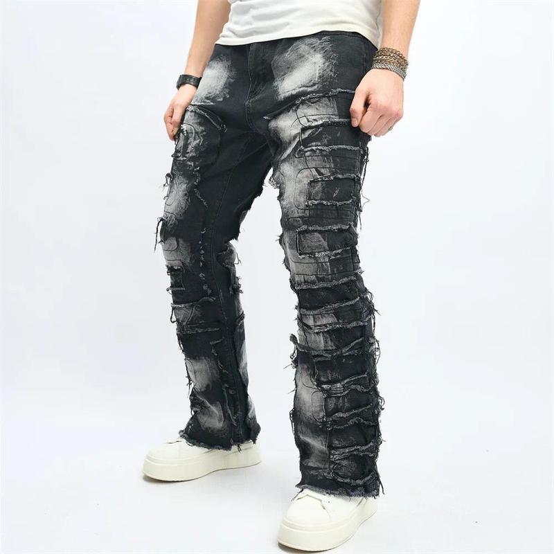 Stylish Men Ripped Distressed Street Style HipHop Straight Jeans Trousers Male Holes Patch Spliced Slim Biker Denim Pants