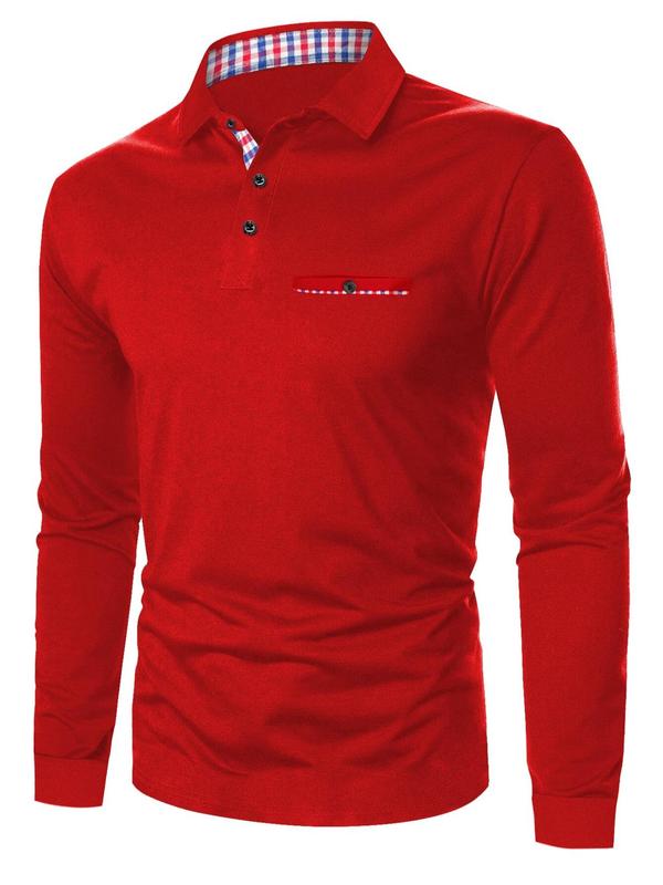 Men's Regular Fit Patchwork Long Sleeve Polo Shirt, Casual Button Front Collared Top for Spring & Fall, Fashion Men's Clothes for Daily Wear, Fall Outfits, Fallfreshness