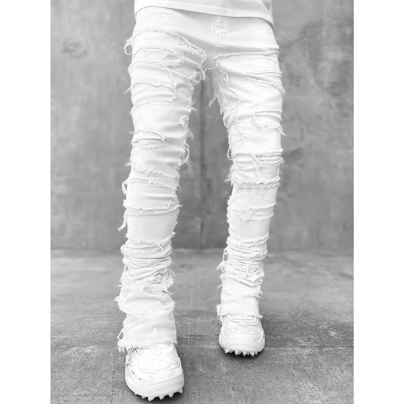 Men's Regular Fit Stacked Jeans Ripped Slim Fit Patch Distressed Destroyed Straight Denim Pants Hip Hop Streetwear Trouser Cloth