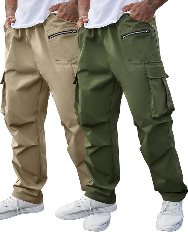  Men's Solid Pocket Drawstring Waist Cargo Pants, Regular Fit Casual Zipper Design Trousers for Daily Wear, Men's Bottoms for All Seasons