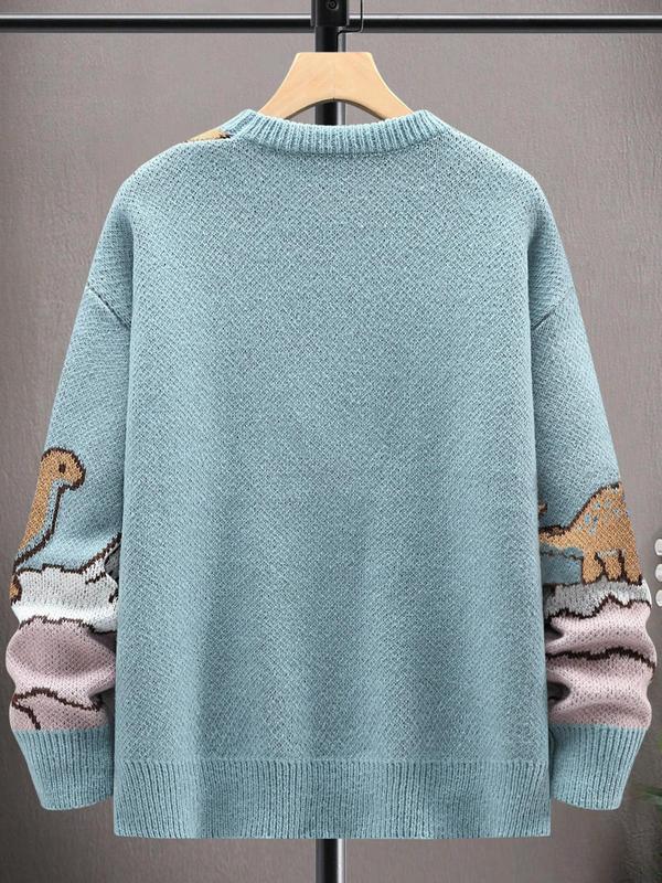 Men's Cartoon Dinosaur Print Drop Shoulder Sweater, Casual Regular Fit Long Sleeve Round Neck Jumper for Fall & Winter, Fashion Men's Knitwear for Daily Wear