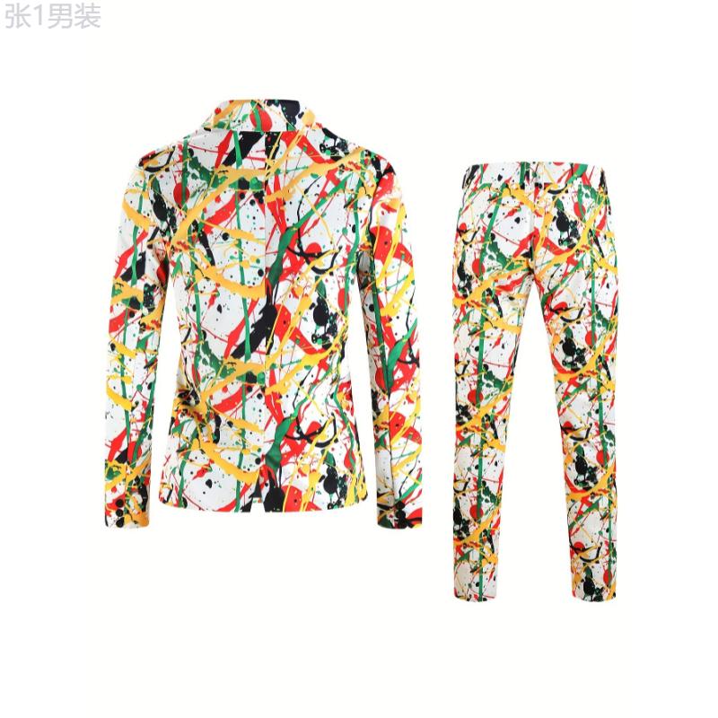 Men's 2-Piece Suit Set, Fashion 3D Allover Colorful Graffiti Splatter Print Blazer And Pants, Leisure Style, Party Wear Menswear Polyester