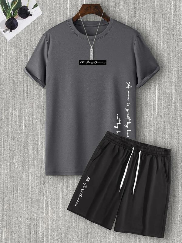 Two-Piece Set Men's Letter Print Tee & Drawstring Pocket Shorts Set, Regular Fit Streetwear Casual Short Sleeve T-shirt & Shorts, Men's Designer Outfits Set, Men Summer Outfits 2024