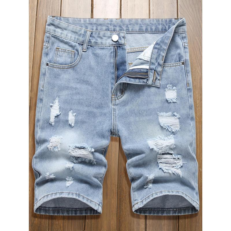 New-Mens fashionable ripped denim shorts-casual street style with distressed detailing-comfortable straight leg fit for trendy summer wear Jean Menswear Trouser Streetwear