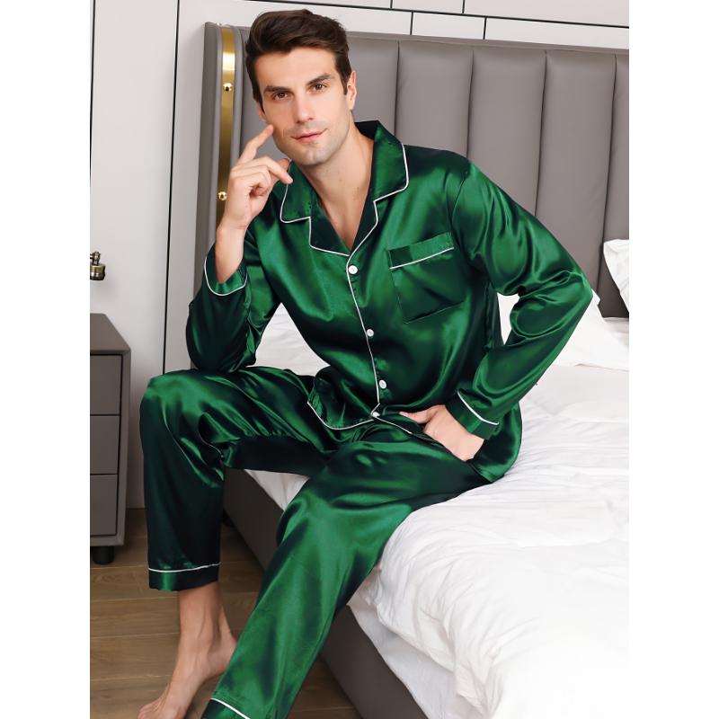 Plus Size Men's 2pcs Pajamas Set, Long Sleeve Button Down Sleepwear & Lounge Wear For Spring & Autumn