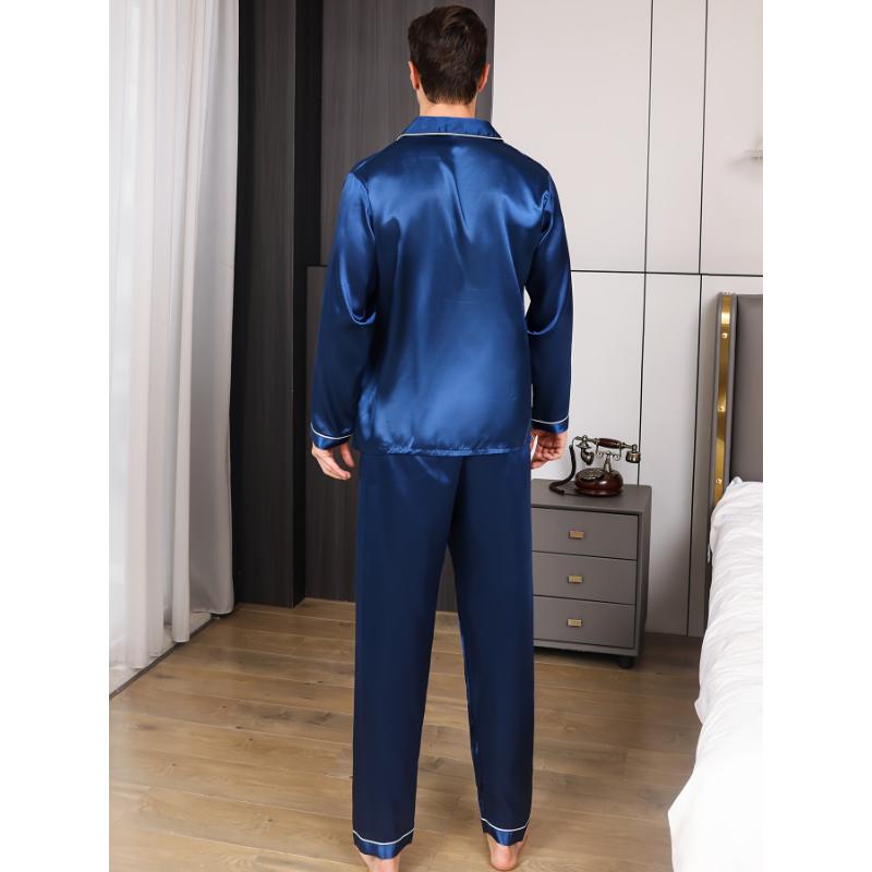 Plus Size Men's 2pcs Pajamas Set, Long Sleeve Button Down Sleepwear & Lounge Wear For Spring & Autumn