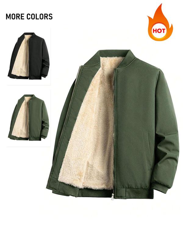 Men's Solid Color Fleece Lined Jacket, Regular Fit Casual Long Sleeve Zip Up Outerwear for Fall & Winter, Men's Clothes for Daily Wear