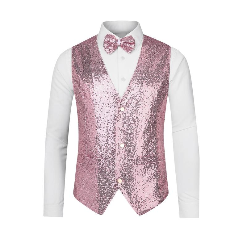 Lars Amadeus Men's Sequin Shiny Slim Fit Vest Sleeveless Suit Waistcoat Set with Bow Tie, Pink