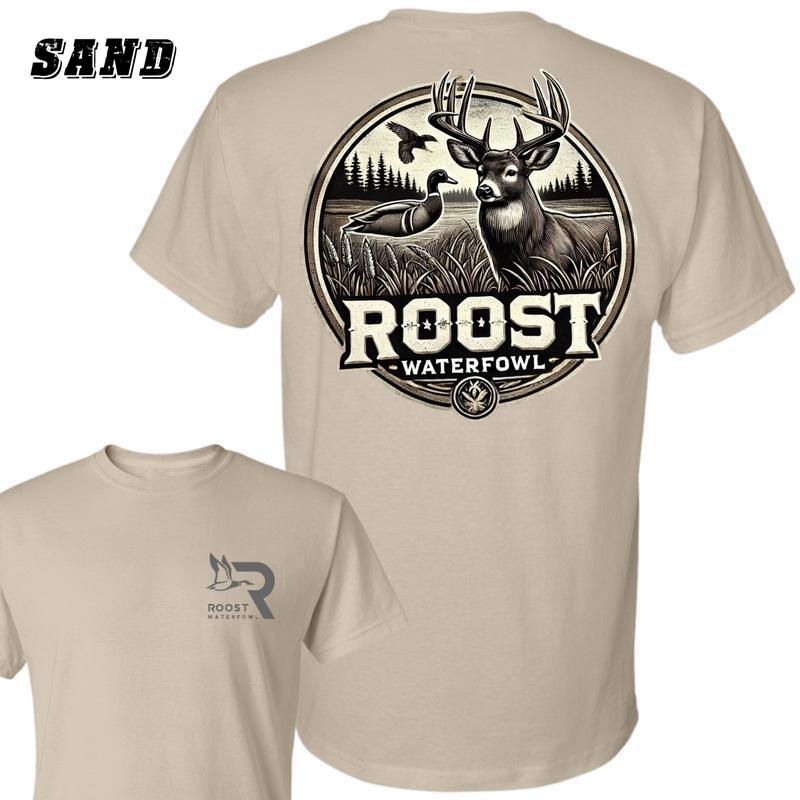 Roost Waterfowl T-Shirt - Buck And Duck Hunting Scene Graphic , Comfortable Black Unisex T-Shirt , Perfect For Outdoor And Hunting Enthusiasts , Stylish And Durable Apparel , Ideal For All Seasons Classic Crewneck Menswear Top