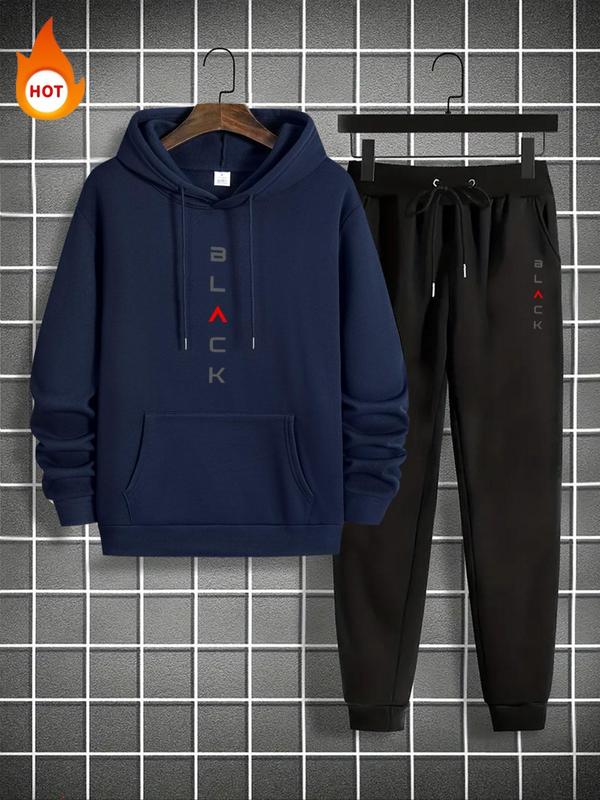 Men's Letter Print Drawstring Hoodie & Pocket Sweatpants Set, Casual Regular Fit Long Sleeve Hooded Top & Jogger Pants, Men's Fall & Winter Clothes