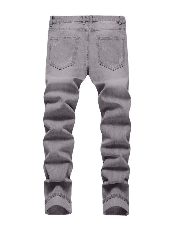 Slim Fit Ripped Jeans For Men, Distressed Fashion Denim Pants, Destroyed Casual Straight Trousers, Classic Plain Menswear Streetwear, Christmas Gifts