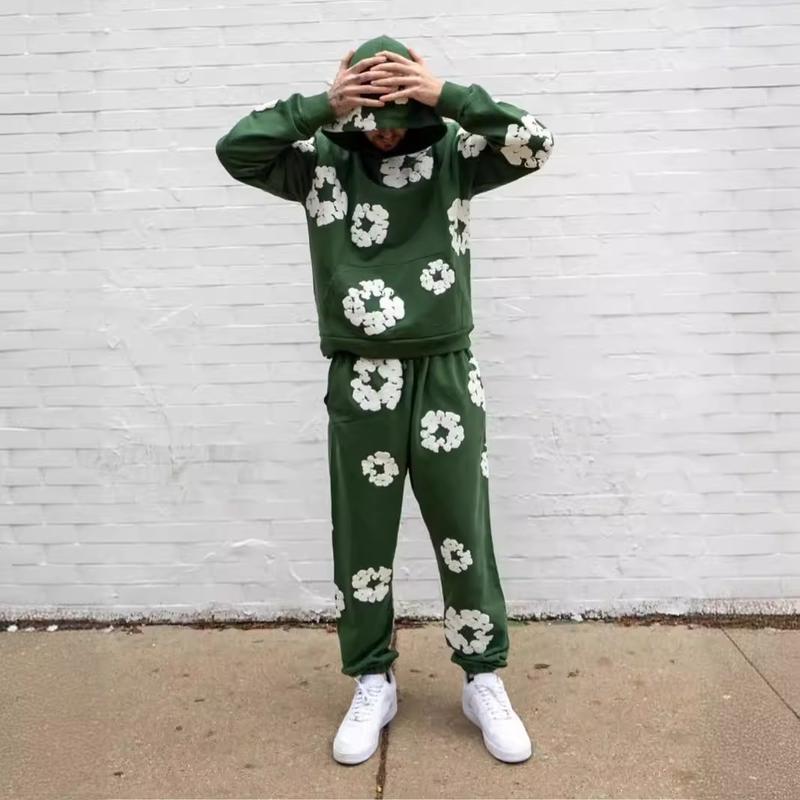 High Street Puff Print Hooded Sweater Set Men's Fashion All-Matching Sweatshirt and Sweatpants Suit