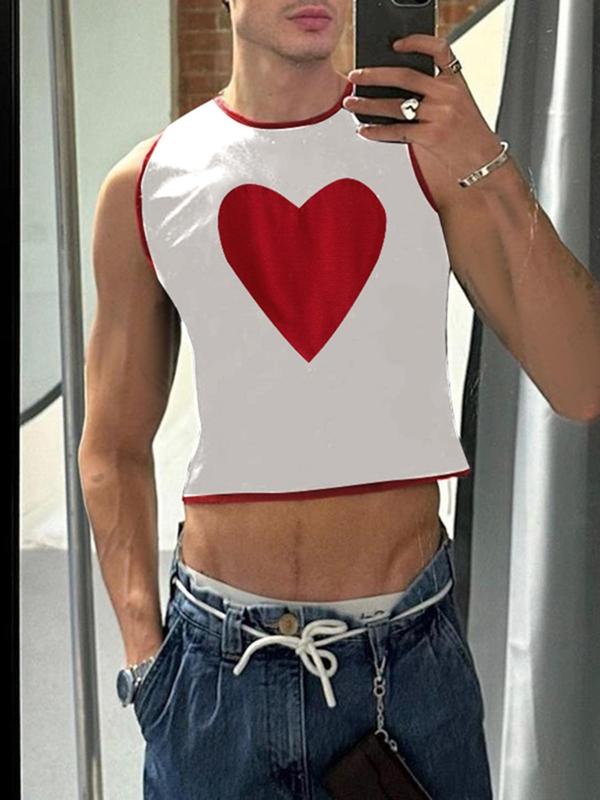 Men's Slim Heart Print Contrast Binding Crop Tank Top, Casual Sleeveless Round Neck Top for Summer, Fashion Men's Streetwear Clothes for Daily Wear, Men's Tops, Summer Outfits 2024