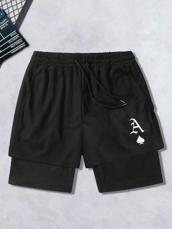 Men's 2 in 1 Letter Print Drawstring Waist Shorts, Regular Fit Casual Pocket Track Shorts for Summer, Men's Bottoms for Daily Wear