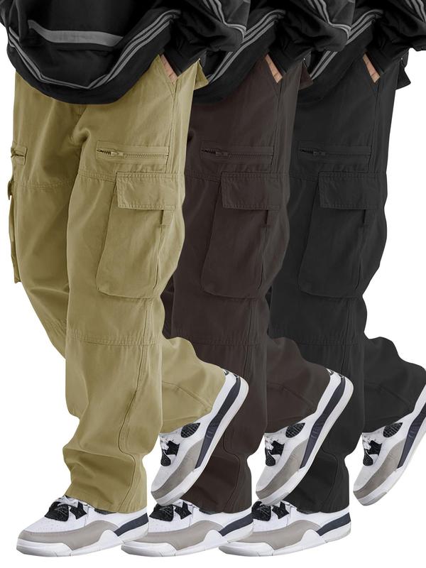 Men's Solid Flap Pocket Drawstring Cargo Pants, Casual Loose Zipper Pants for Outdoor Daily Wear, Woven Bottoms for All Seasons