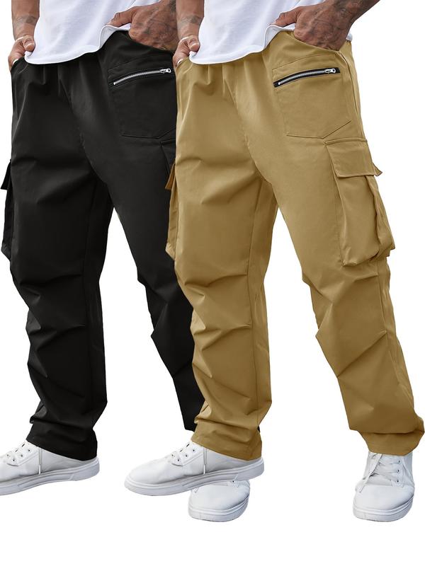  Men's Solid Pocket Drawstring Waist Cargo Pants, Regular Fit Casual Zipper Design Trousers for Daily Wear, Men's Bottoms for All Seasons