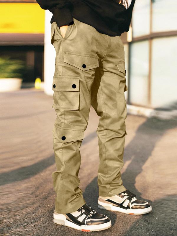 Men's Plain Pocket Drawstring Waist Cargo Pants, Pants for Men, Sporty Street Trousers, Stack Pants, Men's Bottoms, Casual Menswear, Men Cargo Pants,  Fall Clothes, Men's Emo Outfits for Daily Wear, Back To School Winter Wear, Vintage Clothing