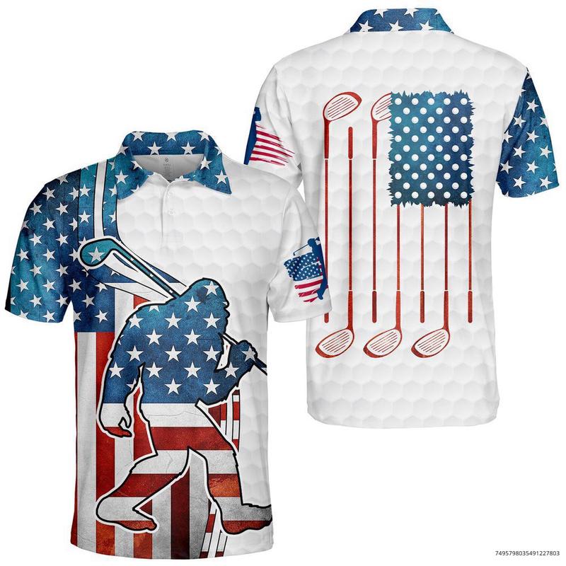 Bigfoot American Flag Golf Polo Shirts for Men, Bigfoot Sasquatch Golf Player Short Sleeve, Sasquatch Golfer Shirt,