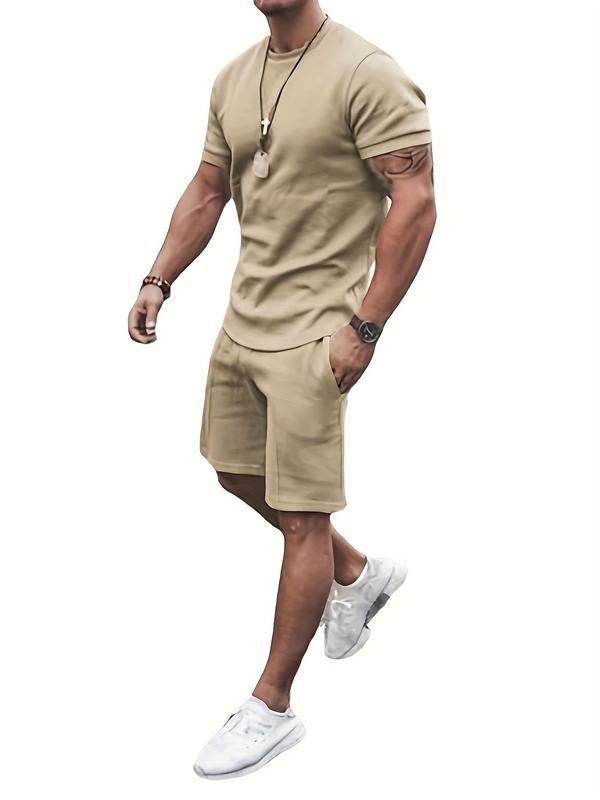 Two-Piece Set Men's Solid Short Sleeve Tee & Elastic Waist Shorts, Regular Fit Round Neck T-Shirt & Pocket Shorts, Men's Clothes for Summer Outdoor Wear