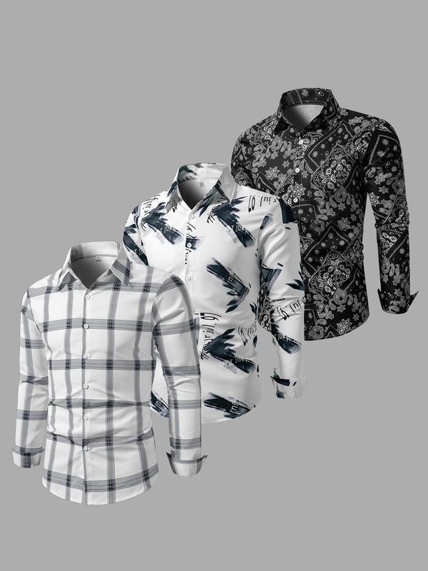 Men's All Over Print Button Front Shirt, Regular Fit Casual Long Sleeve Collared Top for Fall & Winter, Men's Clothes for Daily Wear, Fall Outfits 2024