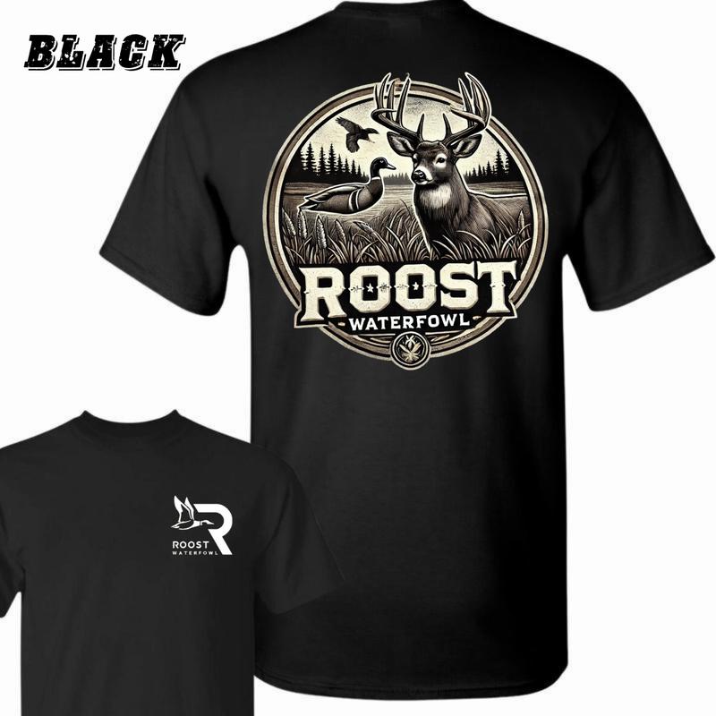 Roost Waterfowl T-Shirt - Buck And Duck Hunting Scene Graphic , Comfortable Black Unisex T-Shirt , Perfect For Outdoor And Hunting Enthusiasts , Stylish And Durable Apparel , Ideal For All Seasons Classic Crewneck Menswear Top