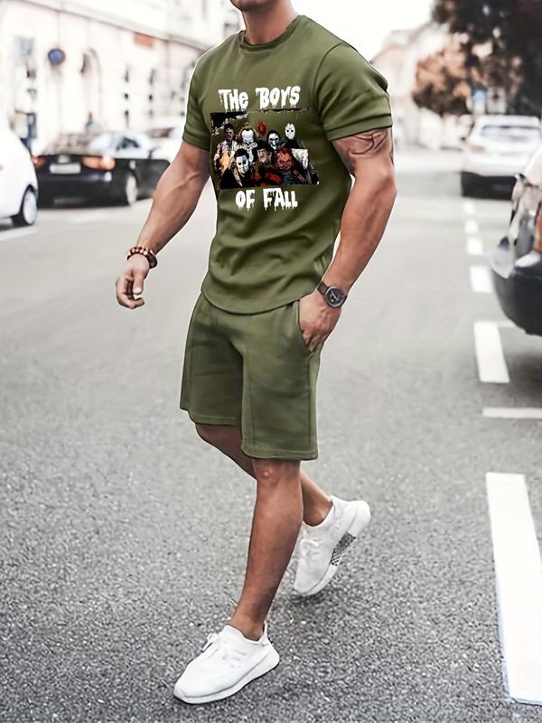 Two-Piece Set Men's Solid Short Sleeve Tee & Elastic Waist Shorts, Regular Fit Round Neck T-Shirt & Pocket Shorts, Men's Clothes for Summer Outdoor Wear