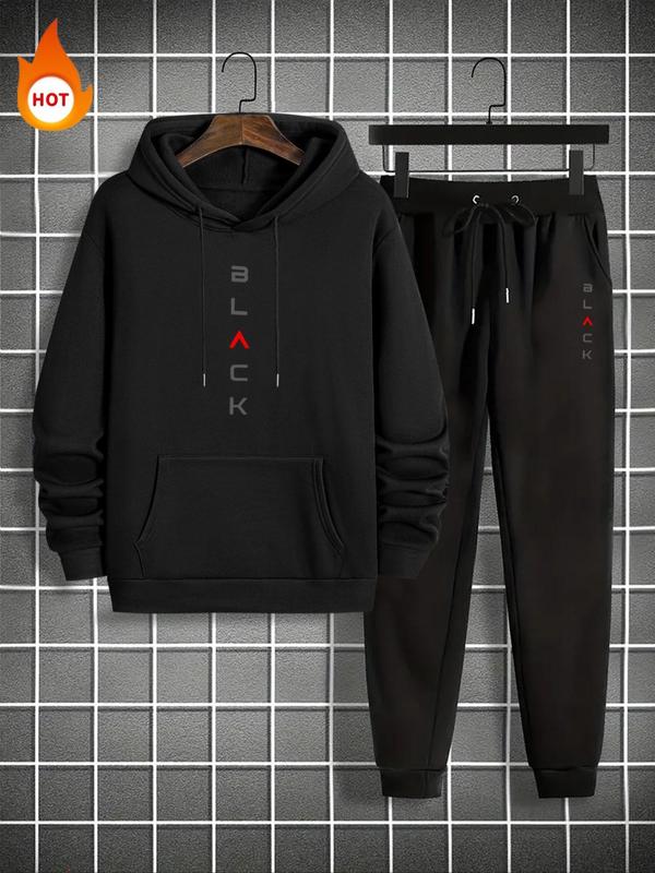 Men's Letter Print Drawstring Hoodie & Pocket Sweatpants Set, Casual Regular Fit Long Sleeve Hooded Top & Jogger Pants, Men's Fall & Winter Clothes