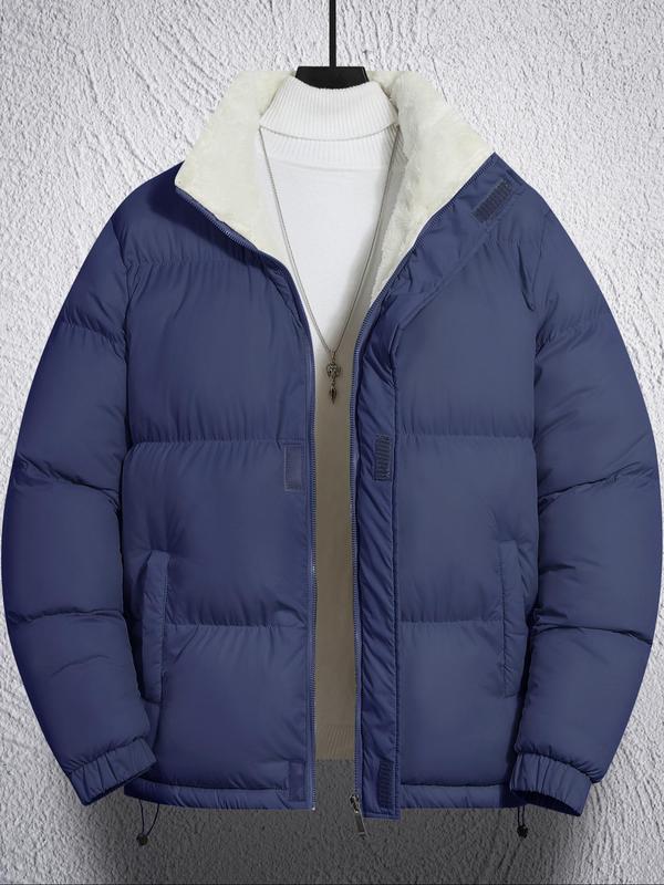 Men's Solid Pocket Zip Up Hooded Winter Coat, Regular Fit Casual Long Sleeve Thermal Lined Outerwear for Fall & Winter, Men's Clothes for Daily Wear
