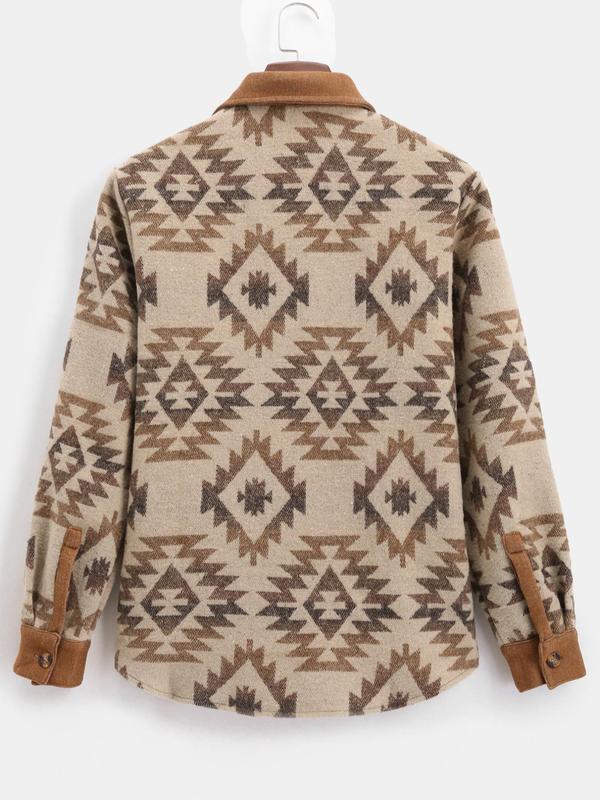 Men's Patchwork Tribal Print Button Front Jacket, Regular Fit Casual Long Sleeve Collared Flap Pocket Outerwear for Fall & Winter, Men's Clothes for Daily Wear