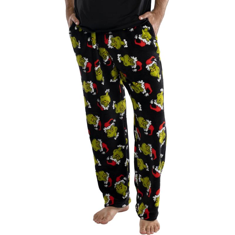 Dr. Seuss Men's GRINCH Sneaky Face Fleece Plush Pajama Pants