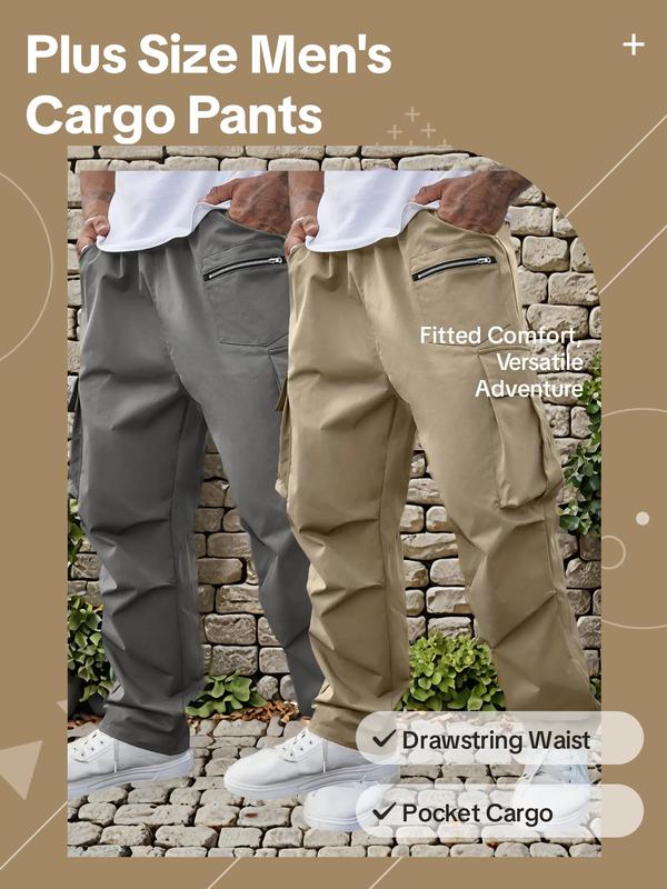  Men's Solid Pocket Drawstring Waist Cargo Pants, Regular Fit Casual Zipper Design Trousers for Daily Wear, Men's Bottoms for All Seasons