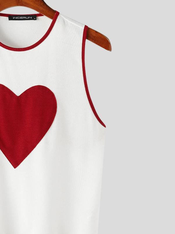 Men's Slim Heart Print Contrast Binding Crop Tank Top, Casual Sleeveless Round Neck Top for Summer, Fashion Men's Streetwear Clothes for Daily Wear, Men's Tops, Summer Outfits 2024