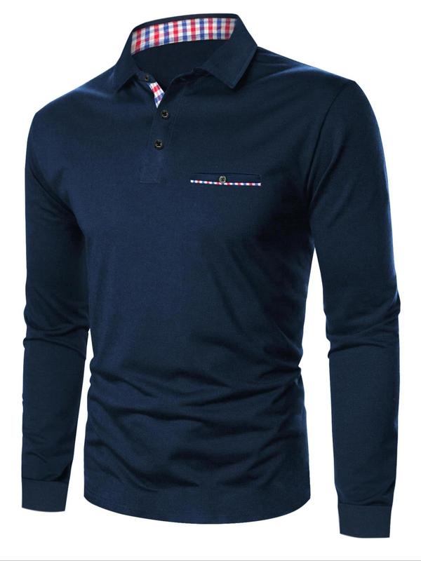 Men's Regular Fit Patchwork Long Sleeve Polo Shirt, Casual Button Front Collared Top for Spring & Fall, Fashion Men's Clothes for Daily Wear, Fall Outfits, Fallfreshness