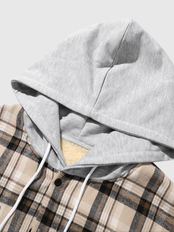 Men's Plaid Print Button Front Drawstring Hooded Shirt, Regular Fit Casual Long Sleeve Pocket Top for Fall & Winter, Men's Clothes for Daily Wear