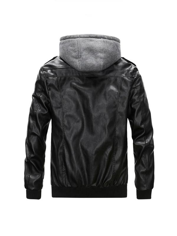 Men's Solid 2 in 1 Pocket Zipper Pu Leather Faux Fur Jackets, Casual Long Sleeve Hooded Outerwear for Fall & Winter, Men's Clothing, Men's Clothes for Daily Wear