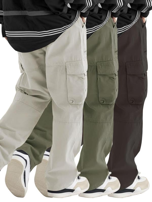 Men's Solid Flap Pocket Drawstring Cargo Pants, Casual Loose Zipper Pants for Outdoor Daily Wear, Woven Bottoms for All Seasons