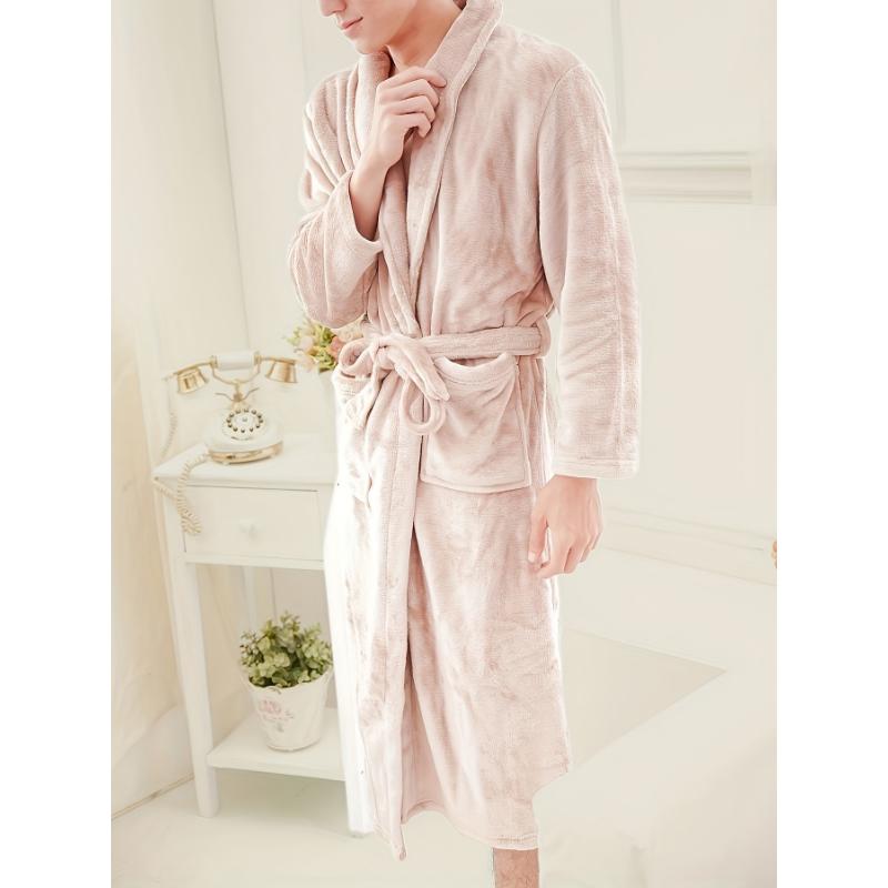 Men's Comfy Solid Fleece Robe Home Pajamas Wear With Pocket One-piece Lace Up Kimono Night-robe Warm Sets After Bath