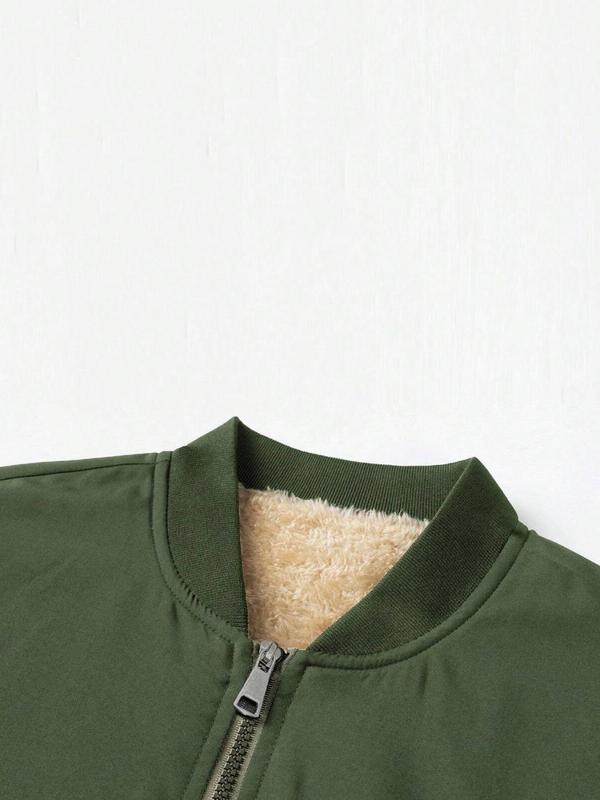 Men's Solid Color Fleece Lined Jacket, Regular Fit Casual Long Sleeve Zip Up Outerwear for Fall & Winter, Men's Clothes for Daily Wear