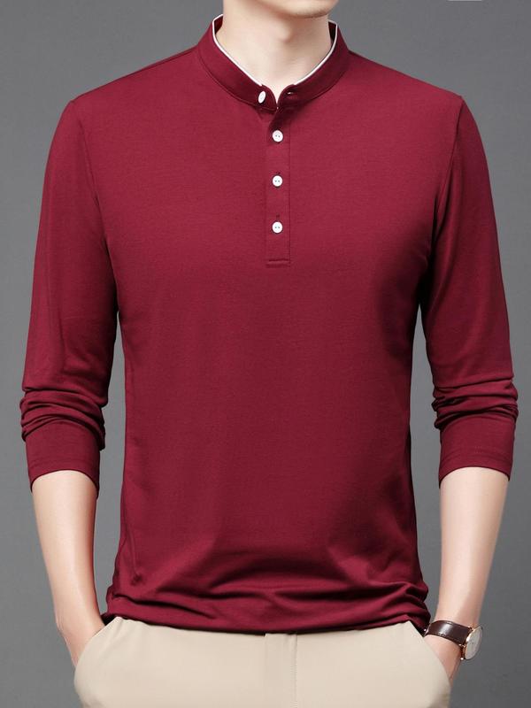 Men's Solid Color Long Sleeve Polo Shirt, Regular Fit Casual Fashion Button Front Collared Top for Spring & Fall, Men's Clothes for Daily Wear