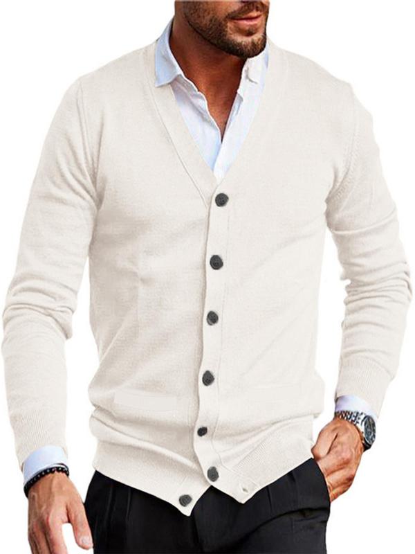 Men's Solid Button Front V Neck Cardigan, Slim Casual Long Sleeve Knitwear for Spring & Fall, Fashion Men's Knit Clothing for Daily Wear