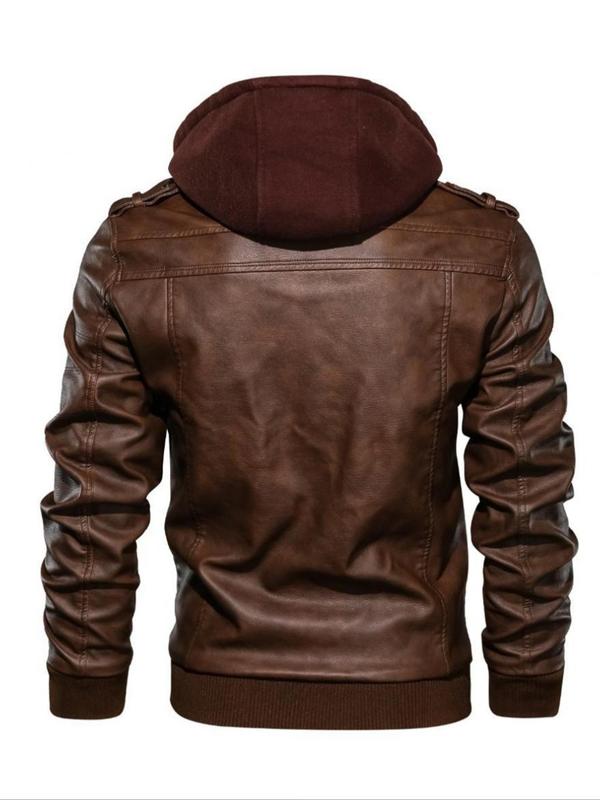 Men's Solid 2 in 1 Pocket Zipper Pu Leather Faux Fur Jackets, Casual Long Sleeve Hooded Outerwear for Fall & Winter, Men's Clothing, Men's Clothes for Daily Wear