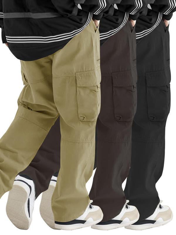 Men's Solid Flap Pocket Drawstring Cargo Pants, Casual Loose Zipper Pants for Outdoor Daily Wear, Woven Bottoms for All Seasons