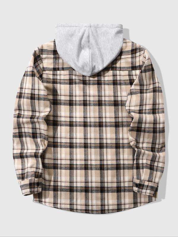 Men's Plaid Print Button Front Drawstring Hooded Shirt, Regular Fit Casual Long Sleeve Pocket Top for Fall & Winter, Men's Clothes for Daily Wear