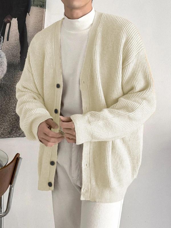 Men's Solid Button Front Drop Shoulder Cardigan, Loose Casual Long Sleeve V Neck Knitwear for Fall & Winter, Men's Knit Clothing for Daily Wear