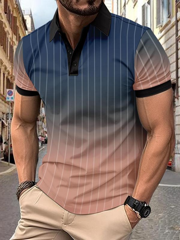 Men's Regular Fit Two-tone Print Polo Shirt, Casual Short Sleeve Button Front Top for Summer, Fashion Men's Clothes for Daily Wear