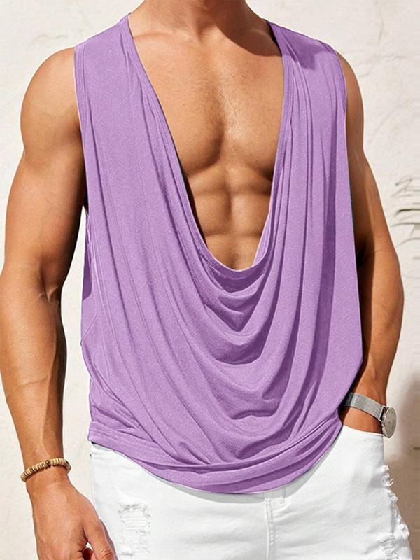 Men's Loose Solid Cowl Neck Tank Top, Casual Sleeveless Crop Top for Summer, Fashion Men's Clothes for Daily Wear